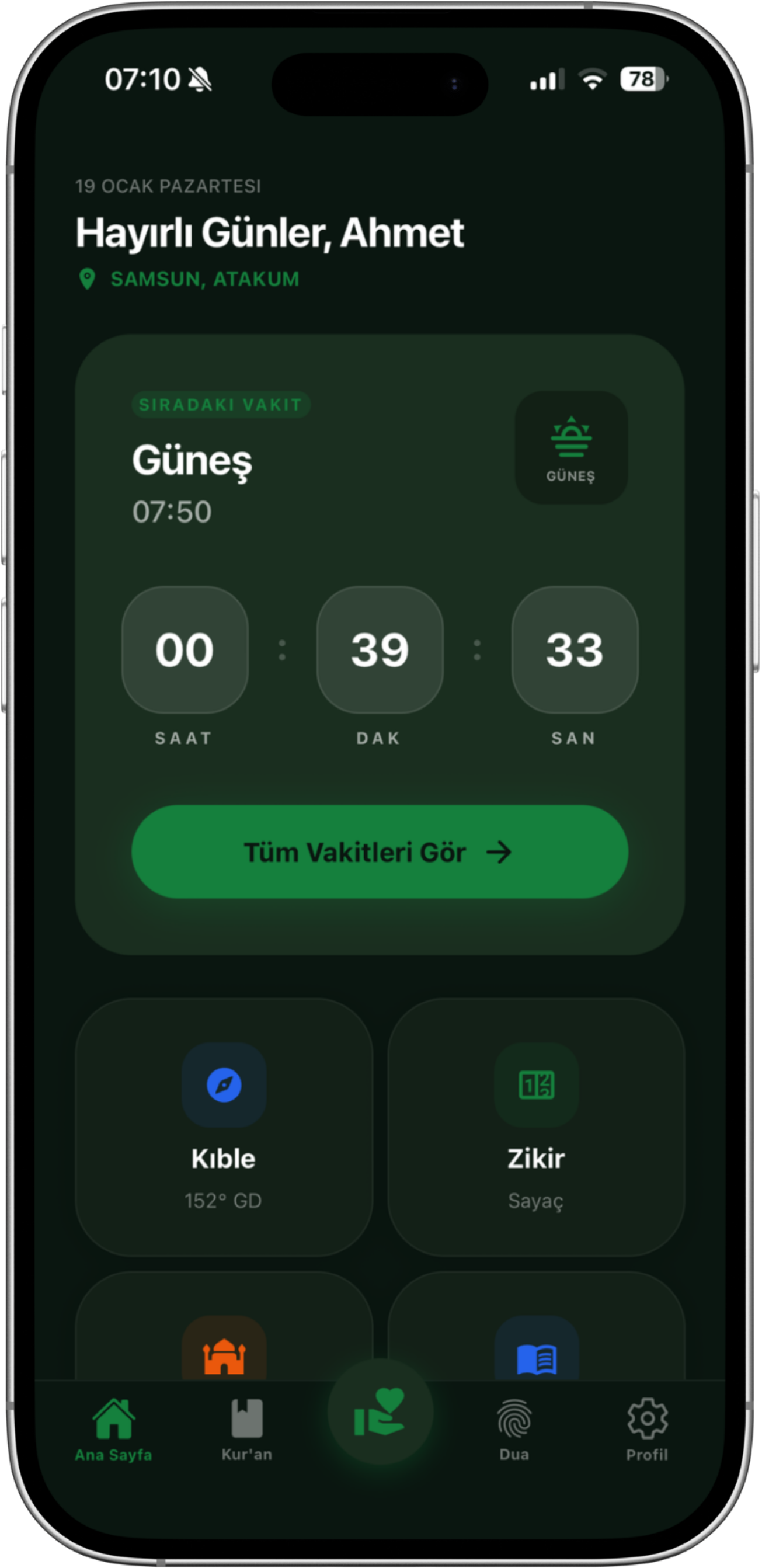 Dindar Uygulaması Ana Ekran - Namaz Vakitleri ve Özellikler